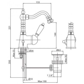Смеситель на биде Cezares (Цезарис) однорычажный c донным клапаном, исполнение золото, ручка Swarovski VINTAGE-BSM2-03/24-Sw