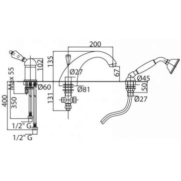 Смеситель на борт ванной Cezares (Цезарис) однорычажный с выдвижным душем и переключателем, бронза VINTAGE-BVDM-02-Sw