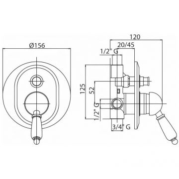 Встраиваемый однорычажный смеситель Cezares (Цезарис) для душа с переключателем,золото, ручка орех ELITE-VDIM-03/24-Nc