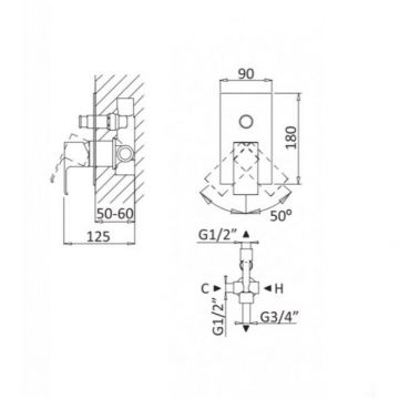Встраиваемый однорычажный смеситель Cezares (Цезарис) для душа с переключателем, исполнение sunrise PORTA-VDIM-SR