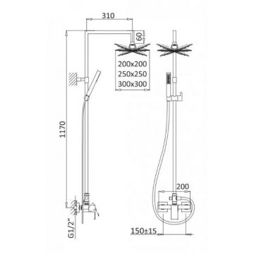 Душевая колонна Cezares (Цезарис) со смесителем для верхнего и ручного душа, верхний душ из нержавеющей стали, исполнение sunrise PORTA-CD-SR