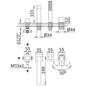 Смеситель на борт ванны Cezares (Цезарис) с выдвижным душем и переключателем, исполнение черный матовый PORTA-BVDM4-NOP
