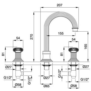 Смеситель на раковину Cezares (Цезарис) на три отверстия, высокий, с донным клапаном, золото, ручки Swarovski OLIMP-BLS2-A-03/24-Sw