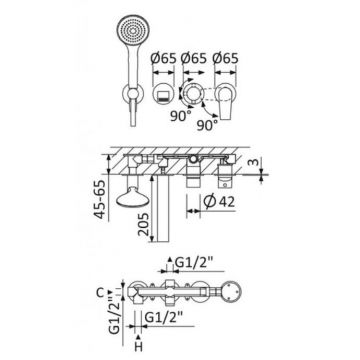 Встраиваемый Смеситель для ванны и душа Cezares (Цезарис) однорычажный с поворотным переключателем на 3 выхода, в комплекте с ручным душем, исполнение Б NAUTIC-VDM3-BIO