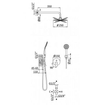 Душевой набор Cezares (Цезарис) со смесителем с верхним и ручным душем, верхний душ из стены 25 см, верхняя лейка металл, исполнение Белый матовый NAUTIC-DSIP-BIO