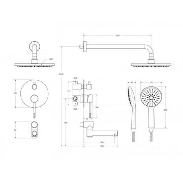 Душевой комплект встраиваемый Cezares (Цезарис) с изливом (смеситель встраиваемый, верхний душ, ручной душ со шлангом, штуцер с держателем), хром RELAX-VDSET-01