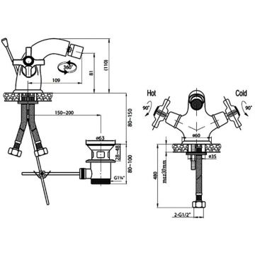 Смеситель на биде Cezares (Цезарис) c донным клапаном бронза, ручки бронза LORD-BS1-02