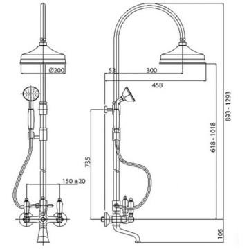Душевая колонна Cezares (Цезарис) со смесителем для ванны, верхнего и ручного душа, хром, ручки белые FIRST-CVD-01-Bi