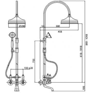 Душевая колонна Cezares (Цезарис) со смесителем для ванны,верхнего и ручного душа,золото, ручки золото FIRST-CVD-03/24-M
