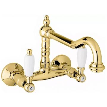 Кухонный смеситель Cezares (Цезарис) настенного монтажа, исполнение золото, ручки белые FIRST-LLP-03/24-Bi