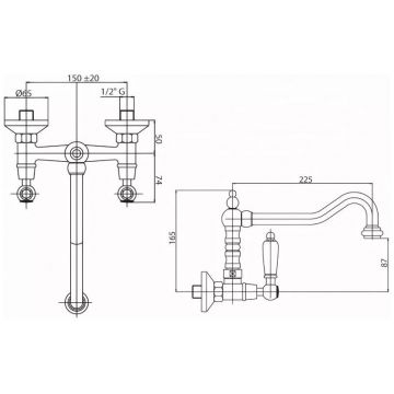 Кухонный смеситель Cezares (Цезарис) настенного монтажа, исполнение золото, ручки белые FIRST-LLP-03/24-Bi