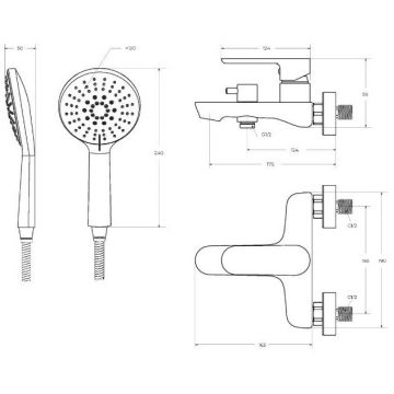 Смеситель для ванны и душа Cezares (Цезарис) однорычажный в комплекте с ручным душем, шлангом и держателем, хром STYLUS-VD-01