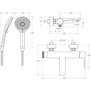 Смеситель для ванны и душа Cezares (Цезарис) однорычажный в комплекте с ручным душем, шлангом и держателем, хром LUX-VD-01