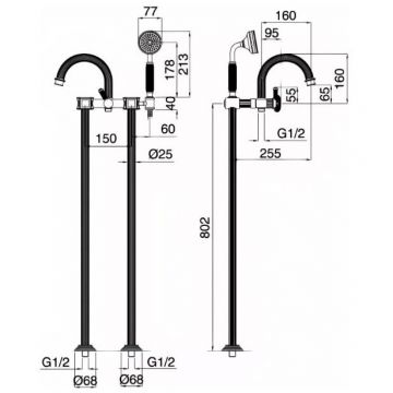 Напольный Смеситель для ванны Cezares (Цезарис) с ручным душем, исполнение золото, ручки Swarovski APHRODITE-VDP-03/24-Sw