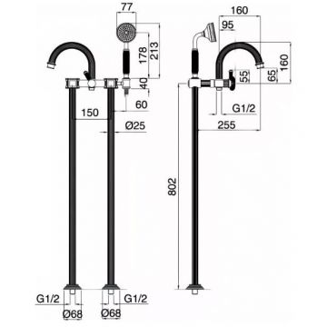 Напольный Смеситель для ванны Cezares (Цезарис) с ручным душем, исполнениебронза, ручки Куб APHRODITE-VDP-02-O