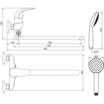 Смеситель для ванны и душа Damixa (Дамикса) Eclipse, хром, универсальный излив, душевой комплект хром, 319500001