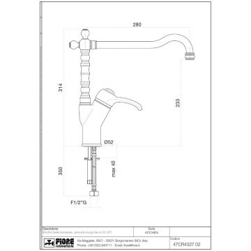 Смеситель для кухни Fiore (Фиоре) Jafar, однорычажный (излив 28 см), без донного клапана, цвет золото 47OO4327