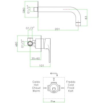Смеситель для раковины Fiore (Фиоре) Kera, встраиваемый в стену однорычажный, цвет хром 88CR7527