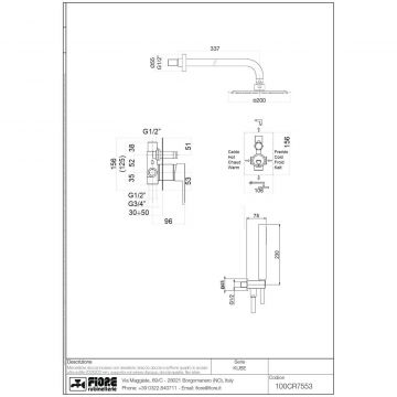 Душевой комплект Fiore (Фиоре) Kube, встраиваемый на 2 потребителя: с квадратным верхним душем 20х20 см и кронштейном 35 см, цвет золото 100OO7553
