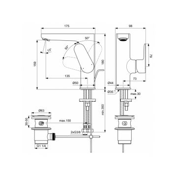 Смеситель для раковины Ideal (Идеал) Standard Cerafine O с металлическим донным клапаном BC703XG Черный шелк