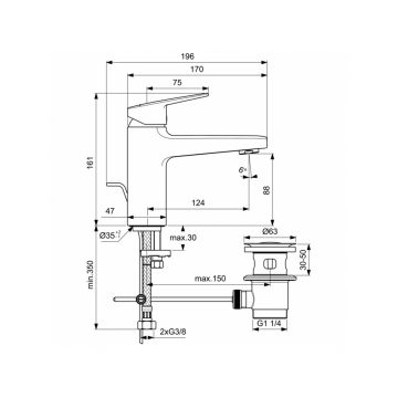 Смеситель для раковины Ideal (Идеал) Standard Ceraplan с металлическим донным клапаном BD227AA хром
