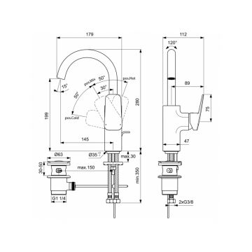 Смеситель для раковины Ideal (Идеал) Standard с металлическим донным клапаном BD235AA хром