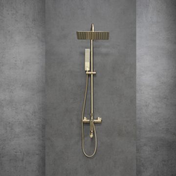 Душевая система Lemark (Лемарк) Ursus с регулируемой высотой штанги и верхней душевой лейкой ″Тропический дождь″ (LM7262BG) золото