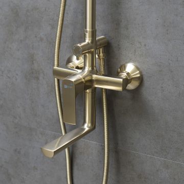 Душевая система Lemark (Лемарк) Ursus с регулируемой высотой штанги и верхней душевой лейкой ″Тропический дождь″ (LM7262BG) золото