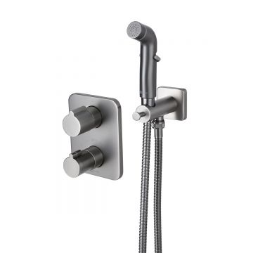 Смеситель Lemark (Лемарк) Bronx с гигиеническим душем термостатический встраиваемый (LM3740GM) графит