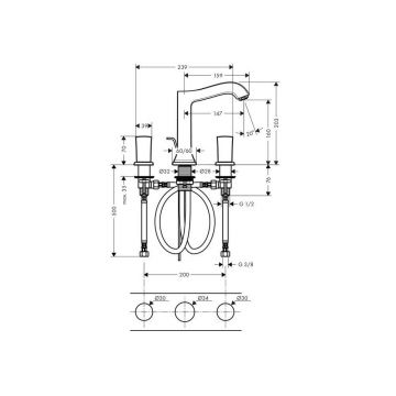 Смеситель для раковины Hansgrohe (Хансгрое) Metropol Classic на 3 отверстия ручки Zero со сливным гарнитуром 31305090 хром золото