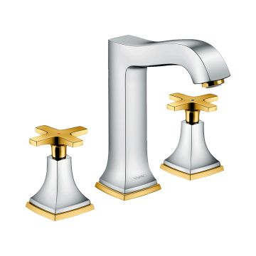 Смеситель для раковины Hansgrohe (Хансгрое) Metropol Classic 160 на 3 отверстия с крестовыми рукоятками и сливным гарнитуром 31307090 хром золото