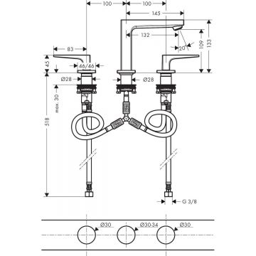 Смеситель для раковины Hansgrohe (Хансгрое) Metropol 110 на 3 отверстия с рычаговыми рукоятками со сливным клапаном Push-Open 32514000 хром