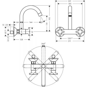 Смеситель для кухни Hansgrohe (Хансгрое) Logis M32 с двумя рукоятками Eco настенный с высоким изливом 1jet 71284000 хром