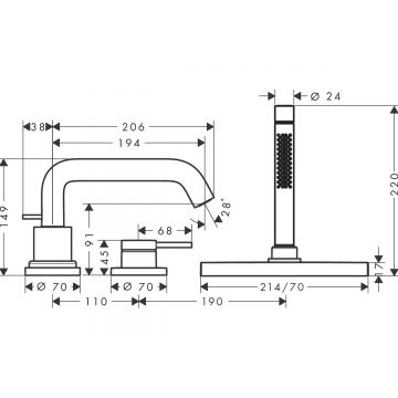 Смеситель на край ванны Hansgrohe (Хансгрое) Tecturis S однорычажный на 3 отверстия с sBox 73447140 шлифованная бронза