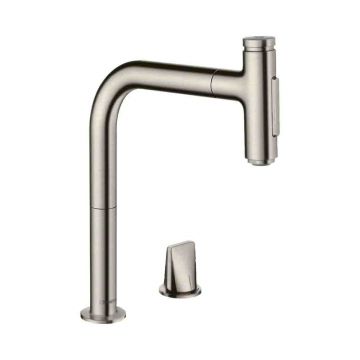 Смеситель для кухни Hansgrohe (Хансгрое) Metris Select M71 на 2 отверстия однорычажный 200 с вытяжным душем 2jet sBox 73818800 сталь