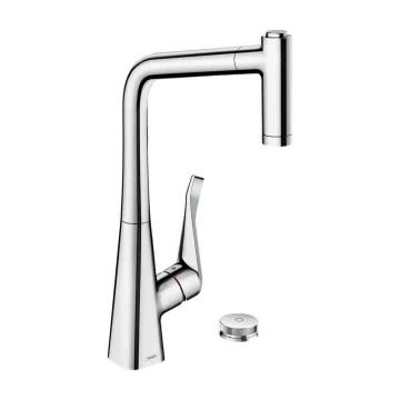 Смеситель для кухни Hansgrohe (Хансгрое) Metris Select M71 на 2 отверстия однорычажный 320 Eco с вытяжным душем 2jet sBox 73827000 хром