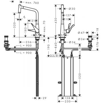 Смеситель для кухни Hansgrohe (Хансгрое) Metris Select M71 на 2 отверстия однорычажный 320 Eco с вытяжным душем 2jet sBox 73827000 хром
