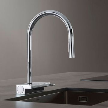 Смеситель Hansgrohe (Хансгрое) Aquno Select для кухни, 1 отверстие, с вытяжным душем, 3jеt, каскад, sВох, цвет: хром 73831000