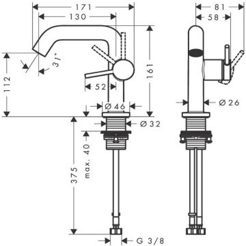 Смеситель Hansgrohe (Хансгрое) Tecturis S для раковины, 1 отверстие, с донным клапаном, цвет: хром 73320000