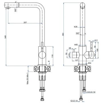 Смеситель для кухни GranFest (Гранфест) QUARZ Г-обр. с краном питьевой воды D-35мм. Z-5421 песочный