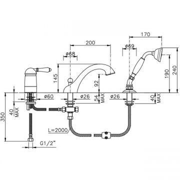Смеситель Nicolazzi (Николации) El Capitan на борт ванны на 3 отверстия, с изливом 20 см и ручным душем, цвет: Вrоnzе Рlаtеd 3414BZ75