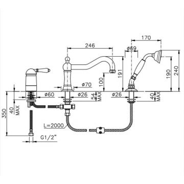 Смеситель Nicolazzi (Николации) El Capitan на борт ванны на 3 отверстия, с изливом 246 мм и ручным душем, цвет: хром 3449CR75