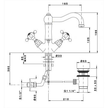 Смеситель Nicolazzi (Николации) Half Dome для раковины с двумя ручками, на 1 отверстие, с донным клапаном, излив 165 мм, цвет: хром 1432CR70