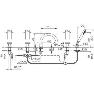 Смеситель Nicolazzi (Николации) Mac Kinley 05 встраиваемый на борт ванны на 5 отверстий, 2- вентильный, цвет: хром 2214CR29