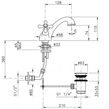 Смеситель Nicolazzi (Николации) Nuova Brenta для раковины на 1 отверстие, излив: 128 мм, с донным клапаном, цвет: Gоld Вrаss 2532GB