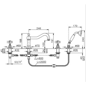 Смеситель Nicolazzi (Николации) Petit Mont Blanc на борт ванны с душем на 4 отверстия, излив: 246 мм, цвет: Вrоnzе Рlаtеd 1449BZ78