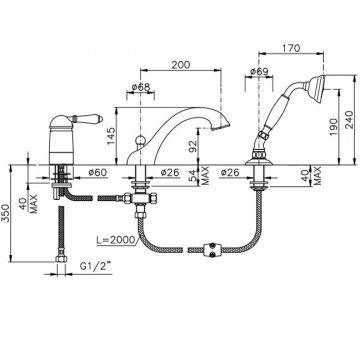 Смеситель Nicolazzi (Николации) Petit Mont Blanc на борт ванны, на 3 отверстия, с изливом 20 см., и ручным душем, ручки белая керамика, цвет: бронза 3414BZ76