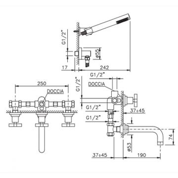 Встраиваемый смеситель Nicolazzi (Николации) Monte Croce для ванны с двумя ручками с переключателем ванна/душ, + комплект руч. душа, цвет: хром 2203CR27