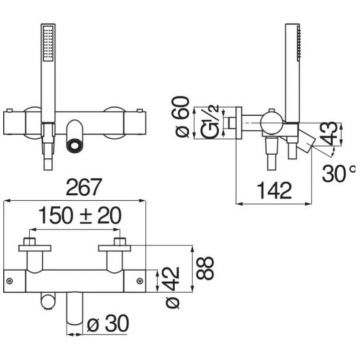 Смеситель для ванны Nobili (Нобили) Velis, термостатический с ручным душем и шлангом 150 см, глянцевый черный VE125010/2FLP