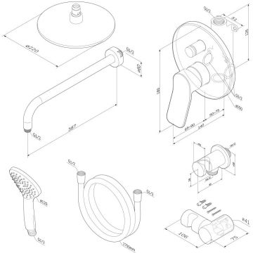 Набор для душа Am.Pm (Ам.Пм) X-Joy (смеситель для ванны/душа, держатель верхнего душа, душевой набор) верхний душ 220 мм, держатель черный, FB85A1RH02